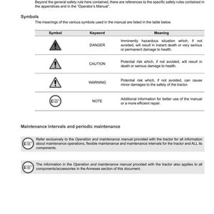 May include: A page from a manual for ARGO Tractors, detailing safety symbols and maintenance information. The manual includes sections on danger, caution, and warning symbols, along with notes. It also covers maintenance intervals and periodic maintenance procedures.