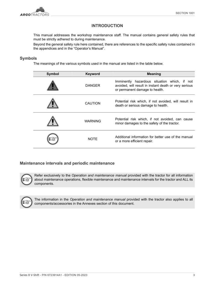 May include: A page from a manual for ARGO Tractors, detailing safety symbols and maintenance information. The manual includes sections on danger, caution, and warning symbols, along with notes. It also covers maintenance intervals and periodic maintenance procedures.