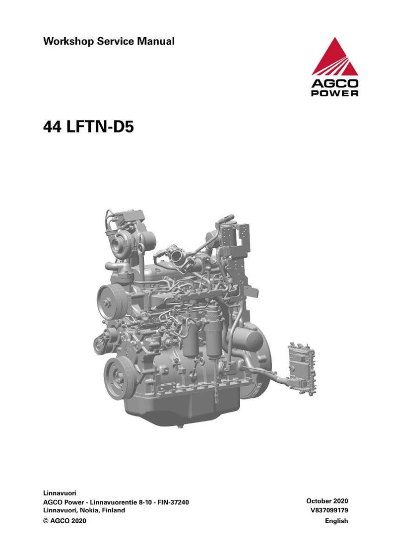 May include: A workshop service manual cover featuring an engine diagram. The text "Workshop Service Manual" and "44 LFTN-D5" are displayed. The AGCO Power logo is in the upper right corner. The document is dated October 2020.