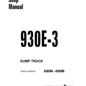 以下が含まれることがあります： 上部に「Shop Manual」と書かれた白いショップマニュアル。数字の「930E-3」が大きく表示され、その下に「DUMP TRUCK」と書かれています。シリアル番号A30304～A30309が記載されています。下部にはコマツのロゴがあります。
