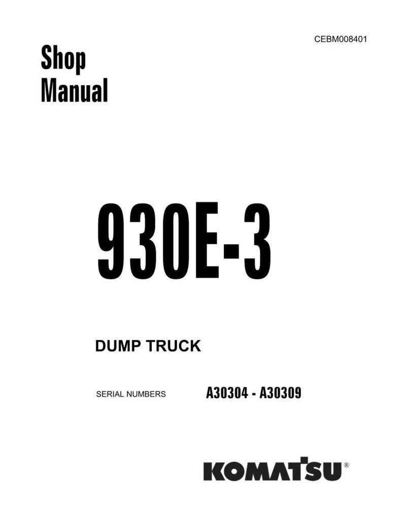 以下が含まれることがあります： 上部に「Shop Manual」と書かれた白いショップマニュアル。数字の「930E-3」が大きく表示され、その下に「DUMP TRUCK」と書かれています。シリアル番号A30304～A30309が記載されています。下部にはコマツのロゴがあります。