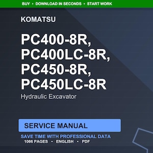 Puede incluir: Un manual de servicio digital para excavadoras hidr&aacute;ulicas Komatsu, incluyendo los modelos PC400-8R, PC400LC-8R, PC450-8R y PC450LC-8R. El manual est&aacute; etiquetado como "Manual de servicio" y contiene 1066 p&aacute;ginas de datos profesionales en ingl&eacute;s.