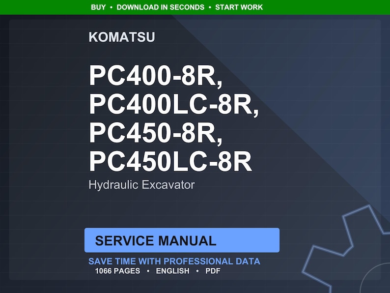 Puede incluir: Un manual de servicio digital para excavadoras hidr&aacute;ulicas Komatsu, incluyendo los modelos PC400-8R, PC400LC-8R, PC450-8R y PC450LC-8R. El manual est&aacute; etiquetado como "Manual de servicio" y contiene 1066 p&aacute;ginas de datos profesionales en ingl&eacute;s.