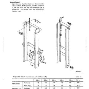 May include: Technical diagram of work equipment, showing disassembly and assembly instructions. Includes a weight table with measurements in metres and kilograms. The text "DISASSEMBLY AND ASSEMBLY" is visible.
