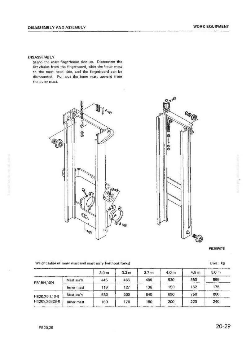 May include: Technical diagram of work equipment, showing disassembly and assembly instructions. Includes a weight table with measurements in metres and kilograms. The text "DISASSEMBLY AND ASSEMBLY" is visible.