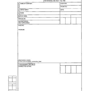May include: A white document titled "PROPOSAL FOR MANUAL REVISION" from Komatsu America International Company. The document includes fields for company information, manual details, and a section for describing a problem and corrective action.