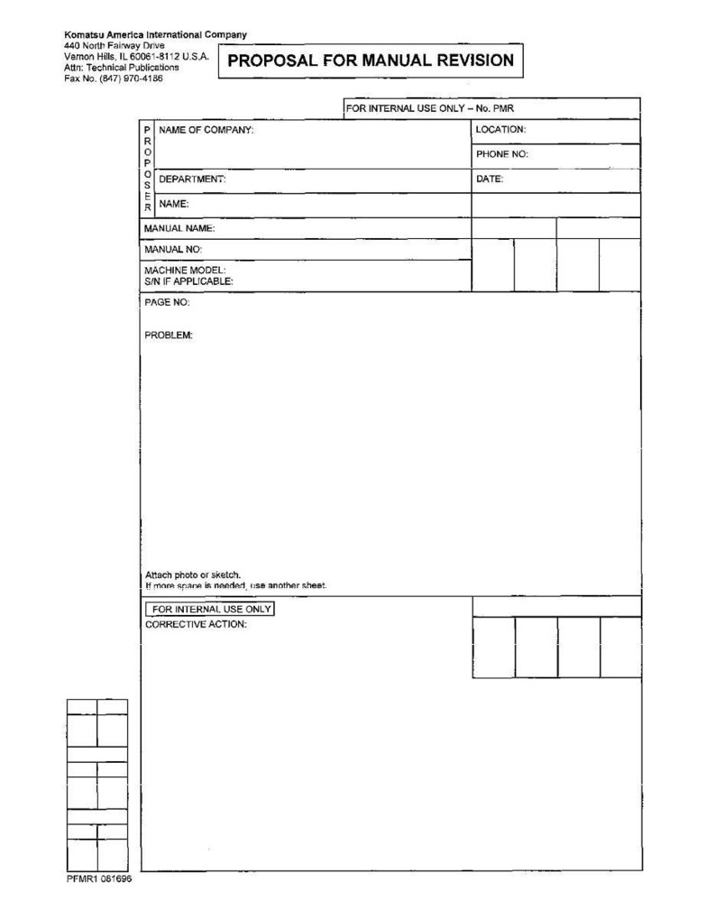 May include: A white document titled "PROPOSAL FOR MANUAL REVISION" from Komatsu America International Company. The document includes fields for company information, manual details, and a section for describing a problem and corrective action.