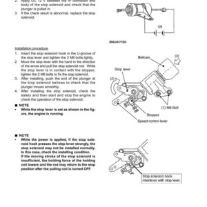 Pu&ograve; includere: Schema di un'elettrovalvola di arresto con istruzioni per il controllo e l'installazione. Include un diagramma del solenoide, della leva di arresto e del soffietto, con misure in millimetri.