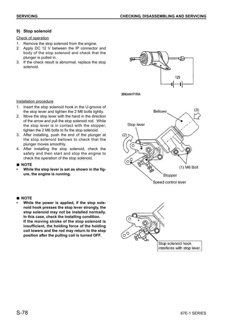 Pu&ograve; includere: Schema di un'elettrovalvola di arresto con istruzioni per il controllo e l'installazione. Include un diagramma del solenoide, della leva di arresto e del soffietto, con misure in millimetri.
