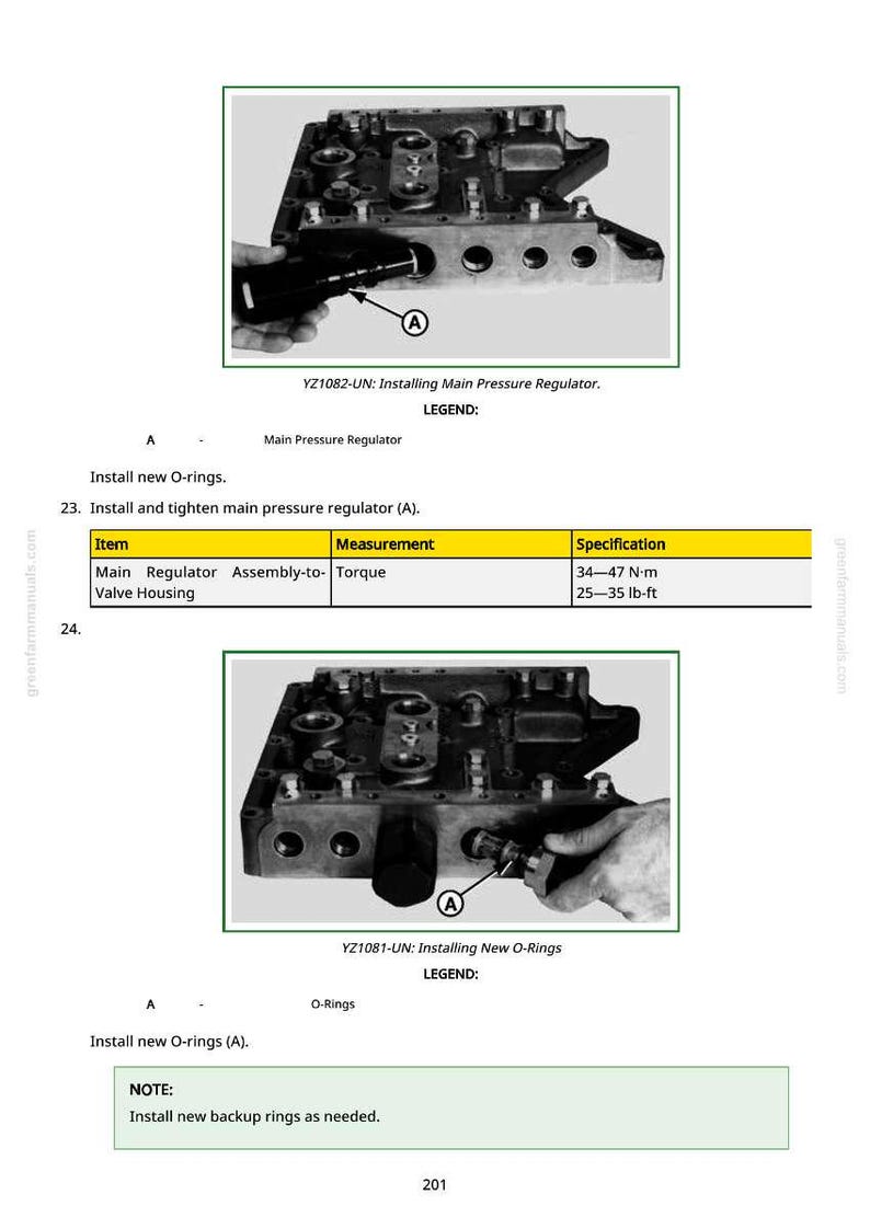 Puede incluir: Diagrama de componentes mec&aacute;nicos con instrucciones de texto. La imagen muestra una vista detallada de una pieza de m&aacute;quina con flechas que apuntan a &aacute;reas espec&iacute;ficas. El texto incluye "Main Pressure Regulator" y especificaciones de par.