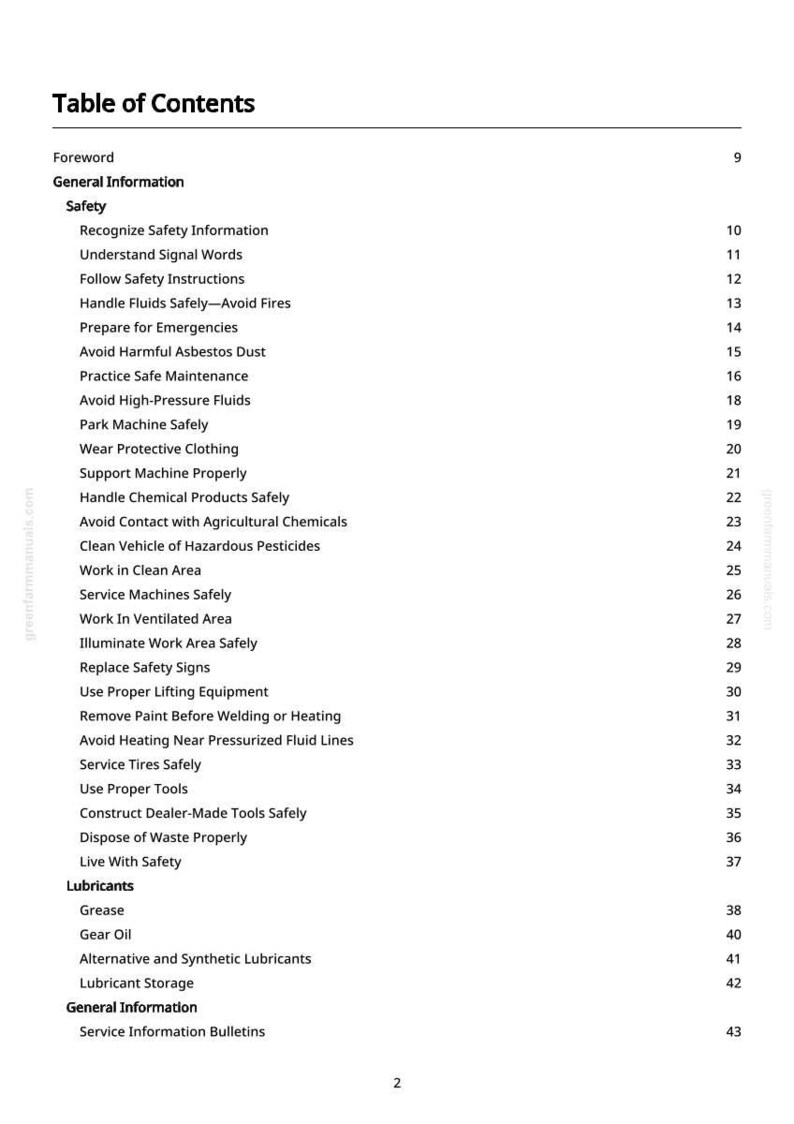 May include: A white page with a black table of contents. The title "Table of Contents" is at the top. The list includes safety information, handling fluids, and emergency preparation. Page numbers are on the right.