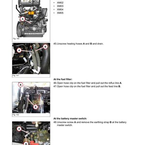 May include: Diagram of a Yanmar engine with labeled components and instructions for maintenance. Includes close-up images of fuel filter and battery master switch. Text includes steps for disconnecting wiring and removing parts.