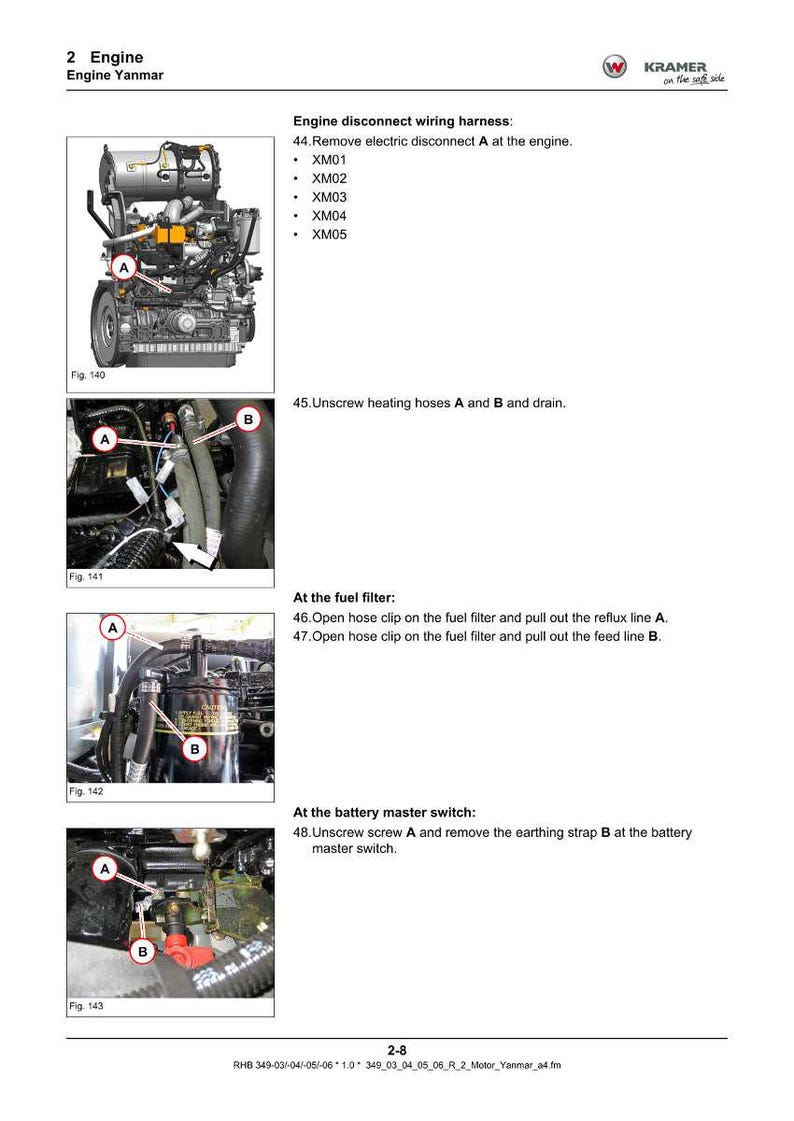 May include: Diagram of a Yanmar engine with labeled components and instructions for maintenance. Includes close-up images of fuel filter and battery master switch. Text includes steps for disconnecting wiring and removing parts.