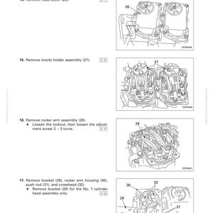 K&ouml;nnte beinhalten: Diagramm zur Demontage und Montage eines Zylinderkopfs. Das Bild zeigt detaillierte Illustrationen verschiedener Motorkomponenten, darunter Zylinderkopfdeckel, D&uuml;senhalterbaugruppen und Kipphebelbaugruppen. Textbeschriftungen und Nummern sind enthalten.