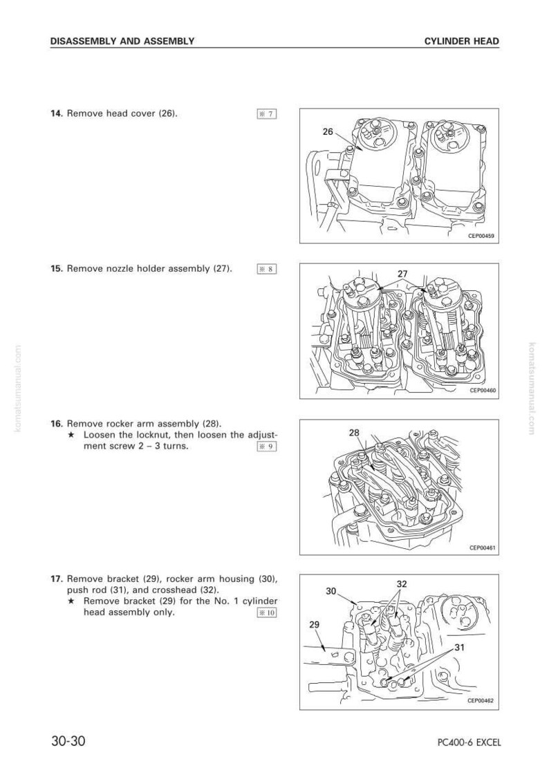 K&ouml;nnte beinhalten: Diagramm zur Demontage und Montage eines Zylinderkopfs. Das Bild zeigt detaillierte Illustrationen verschiedener Motorkomponenten, darunter Zylinderkopfdeckel, D&uuml;senhalterbaugruppen und Kipphebelbaugruppen. Textbeschriftungen und Nummern sind enthalten.
