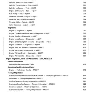 May include: A white printed page from a manual with a table of contents. The text includes engine diagnostics, tests, and adjustments, with specifications and operational checks. The page number is 11.