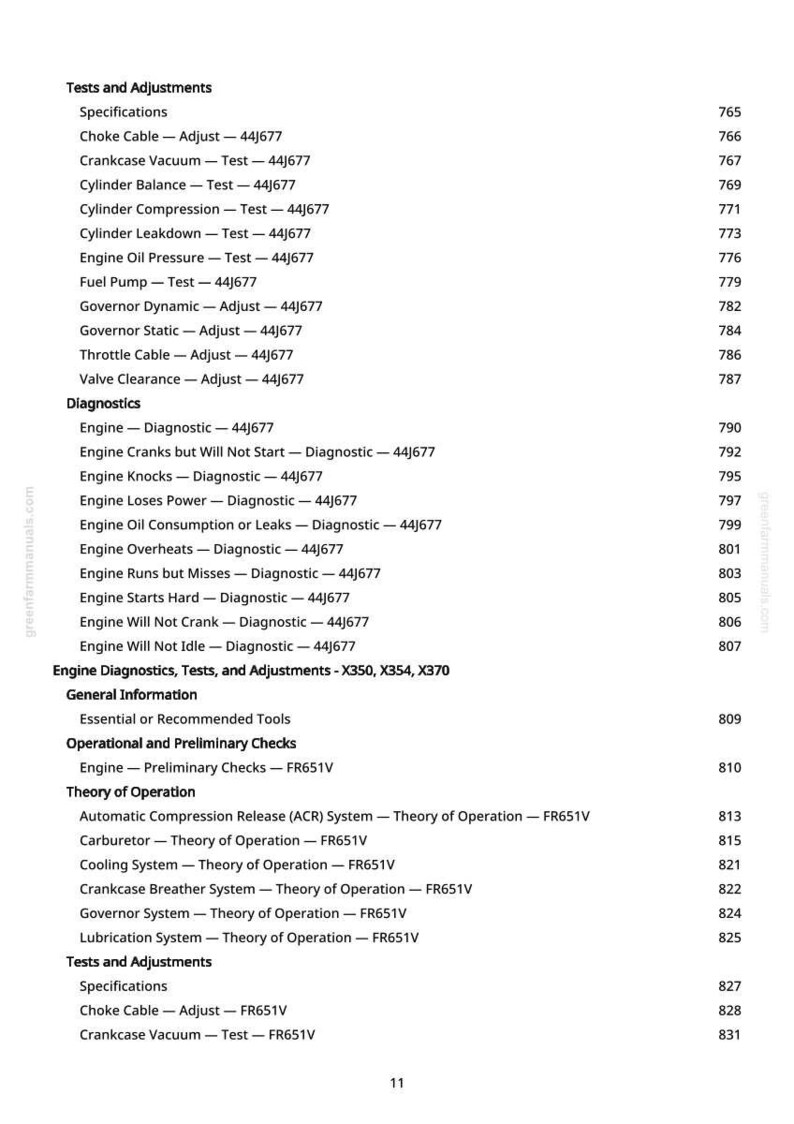 May include: A white printed page from a manual with a table of contents. The text includes engine diagnostics, tests, and adjustments, with specifications and operational checks. The page number is 11.