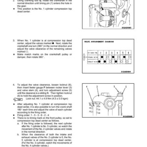 May include: A page from a manual titled "Testing and Adjusting" with instructions for adjusting valve clearance. Diagrams and illustrations accompany the text, including a valve arrangement diagram and close-ups of engine components.