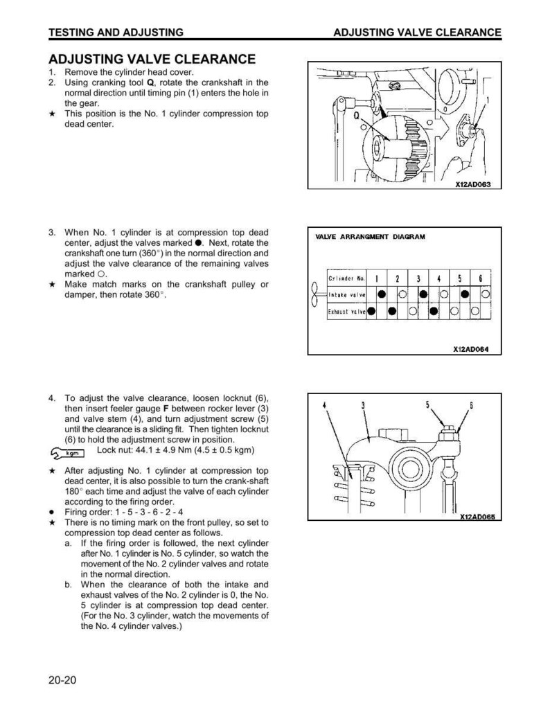 May include: A page from a manual titled "Testing and Adjusting" with instructions for adjusting valve clearance. Diagrams and illustrations accompany the text, including a valve arrangement diagram and close-ups of engine components.