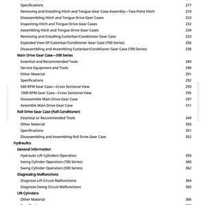 May include: A detailed table of contents from a manual, with headings and page numbers. Topics include gear cases, hydraulics, and lift cylinders. The text is in black on a white background, with a green website address in the corner.