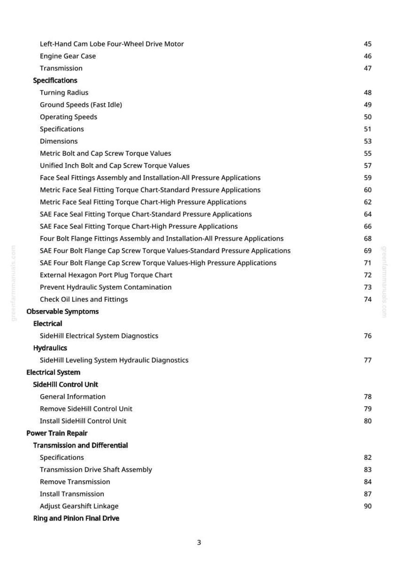 May include: A manual page detailing specifications for a four-wheel drive motor and transmission. The text includes turning radius, operating speeds, and torque values. Page number 3.