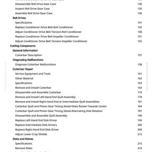 May include: A page from a manual with a table of contents. The text includes sections on service equipment, belt drives, cutting components, and disks and knives. Page numbers are listed next to each section.