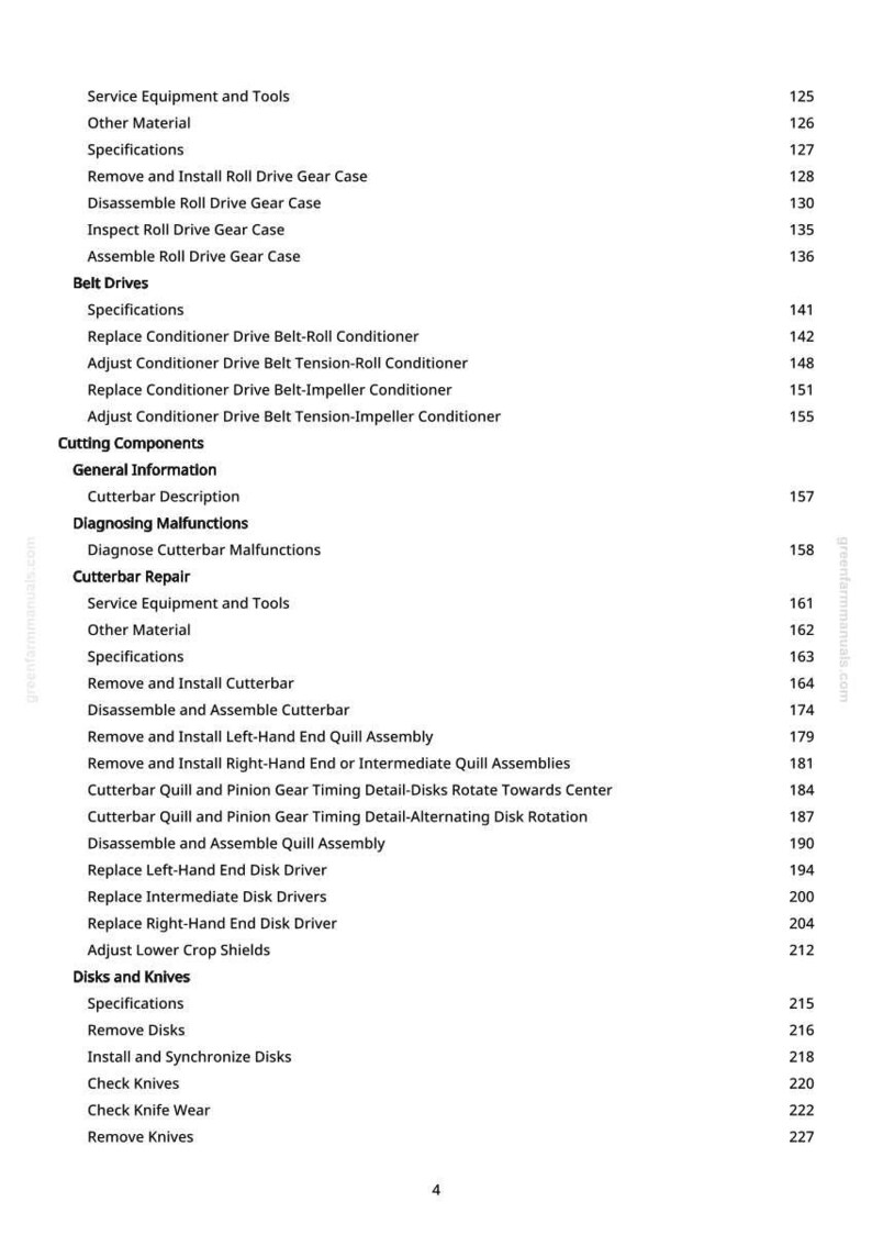 May include: A page from a manual with a table of contents. The text includes sections on service equipment, belt drives, cutting components, and disks and knives. Page numbers are listed next to each section.