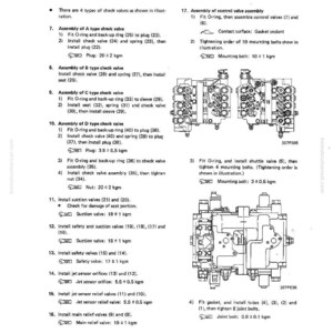 May include: Technical diagram showing hydraulic components such as check valves, suction valves, and relief valves. The diagram includes assembly instructions with measurements in kgm, and illustrations of the parts.