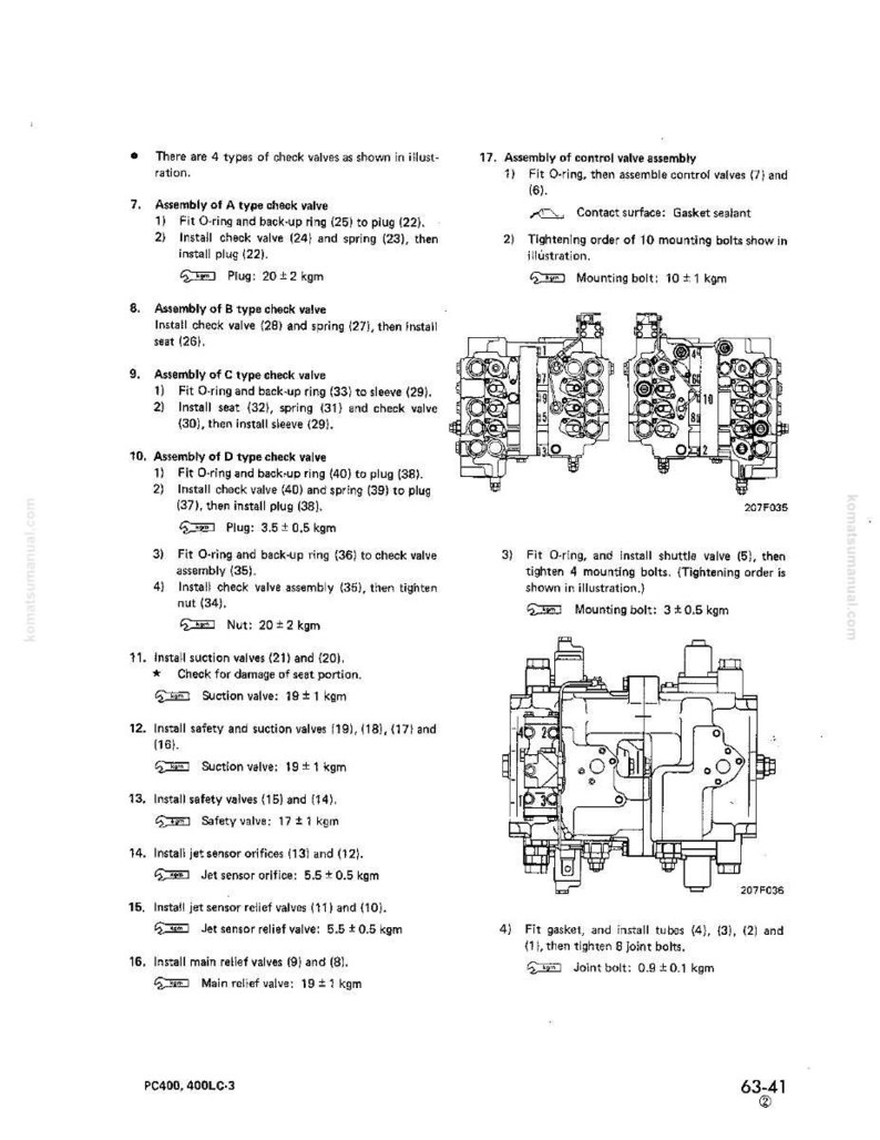 May include: Technical diagram showing hydraulic components such as check valves, suction valves, and relief valves. The diagram includes assembly instructions with measurements in kgm, and illustrations of the parts.