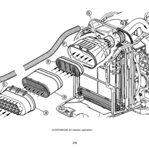 May include: An exploded diagram of an air cleaner assembly, with various components labeled A through G. The illustration shows the air cleaner's operation, with arrows indicating airflow. The image is a technical drawing, with the text "LX1037440-UN: Air cleaner, operation".