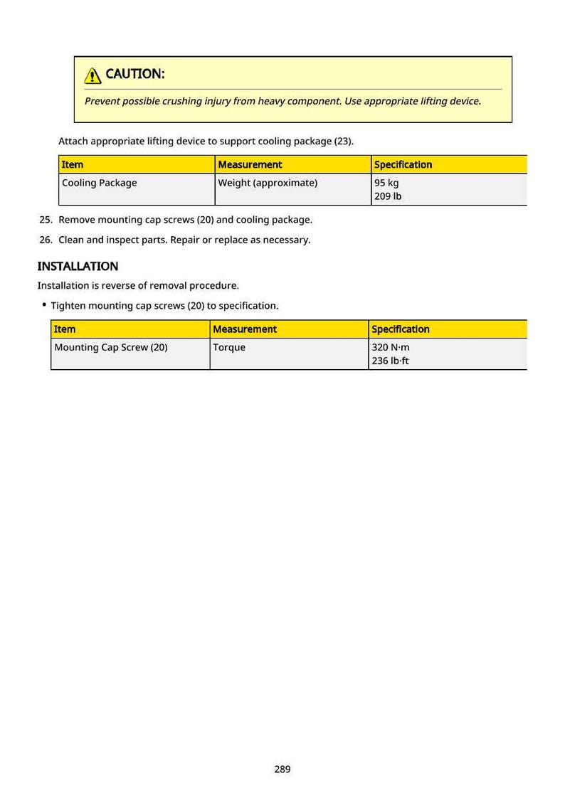 Puede incluir: Documento t&eacute;cnico con una tabla amarilla y blanca. La tabla enumera el peso de un paquete de refrigeraci&oacute;n como 95 kg. El documento tambi&eacute;n incluye una advertencia sobre lesiones y instrucciones de instalaci&oacute;n.
