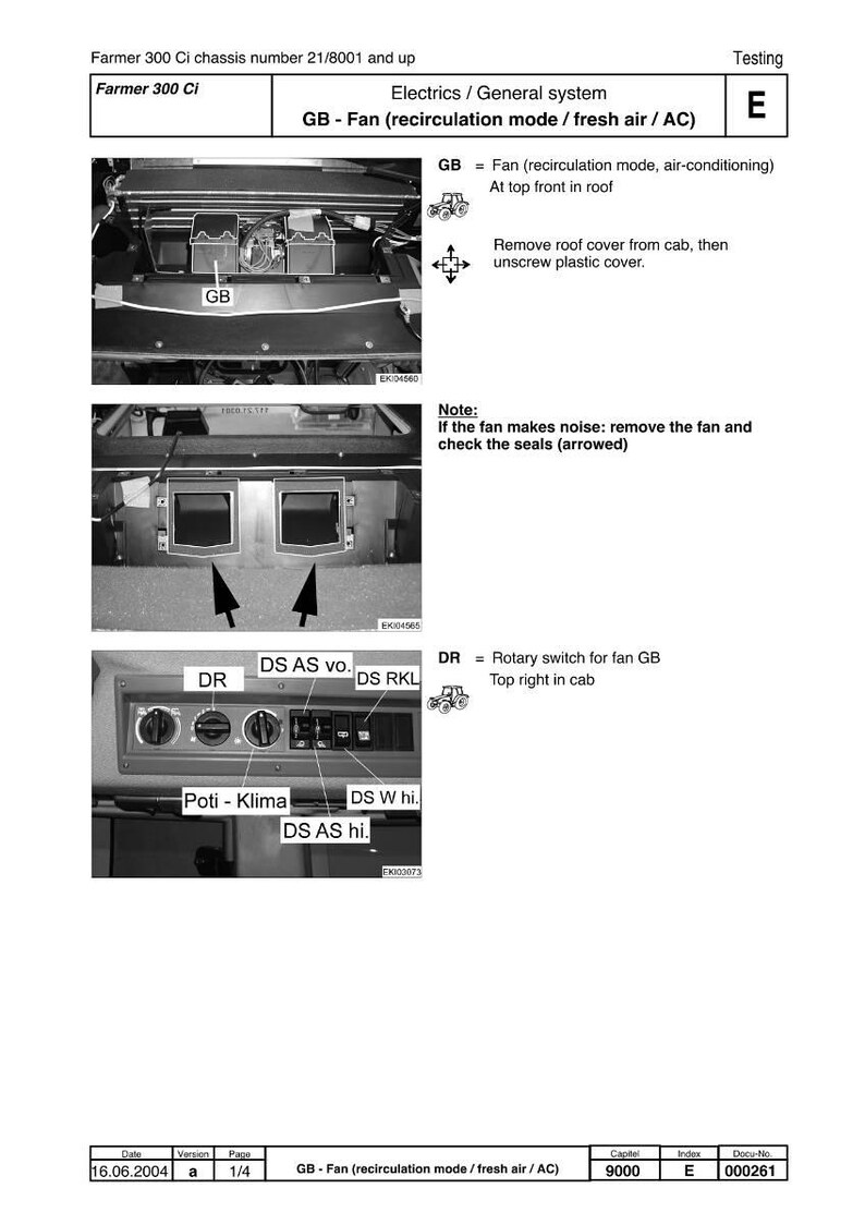 以下が含まれることがあります： 車両のファンシステムを示す白黒図。ファン、エアコン、関連部品が含まれています。ロータリースイッチやシールなどの部品をテキストラベルで識別。図はFarmer 300 Ci用です。