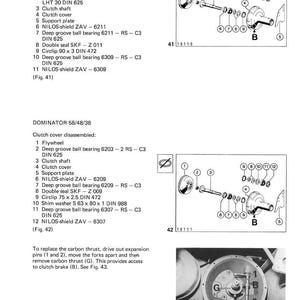 Puede incluir: Diagrama t&eacute;cnico de un conjunto de embrague Dominator 68, con piezas etiquetadas como volante, rodamientos y eje. Incluye una lista de piezas y una vista explosionada.