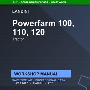 May include: A digital workshop manual for Landini Powerfarm tractors, including models 100, 110, and 120. The cover features the Landini brand name and tractor model information in white text against a dark blue background. The manual is 1433 pages.