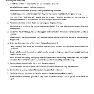 May include: A page titled "Troubleshooting" with numbered steps to diagnose machine issues. The text includes instructions on identifying system problems, using diagnostic tools, and confirming proper operation. The page has the website address greenfarmmanuals.com at the bottom.