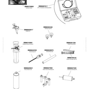 Pu&ograve; includere: Un'illustrazione di vari strumenti meccanici, tra cui un tester idraulico, un dispositivo di controllo della pressione e una pompa per grasso. L'immagine presenta anche un riduttore di pressione dell'azoto, utensili di smontaggio e cera protettiva antiruggine.