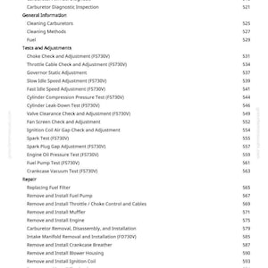 Peut inclure: Une table des mati&egrave;res d&eacute;taill&eacute;e d'un manuel, &eacute;num&eacute;rant des sujets tels que le nettoyage du carburateur, les tests de la pompe &agrave; carburant et les proc&eacute;dures de r&eacute;paration du moteur. Le texte est en noir sur fond blanc.