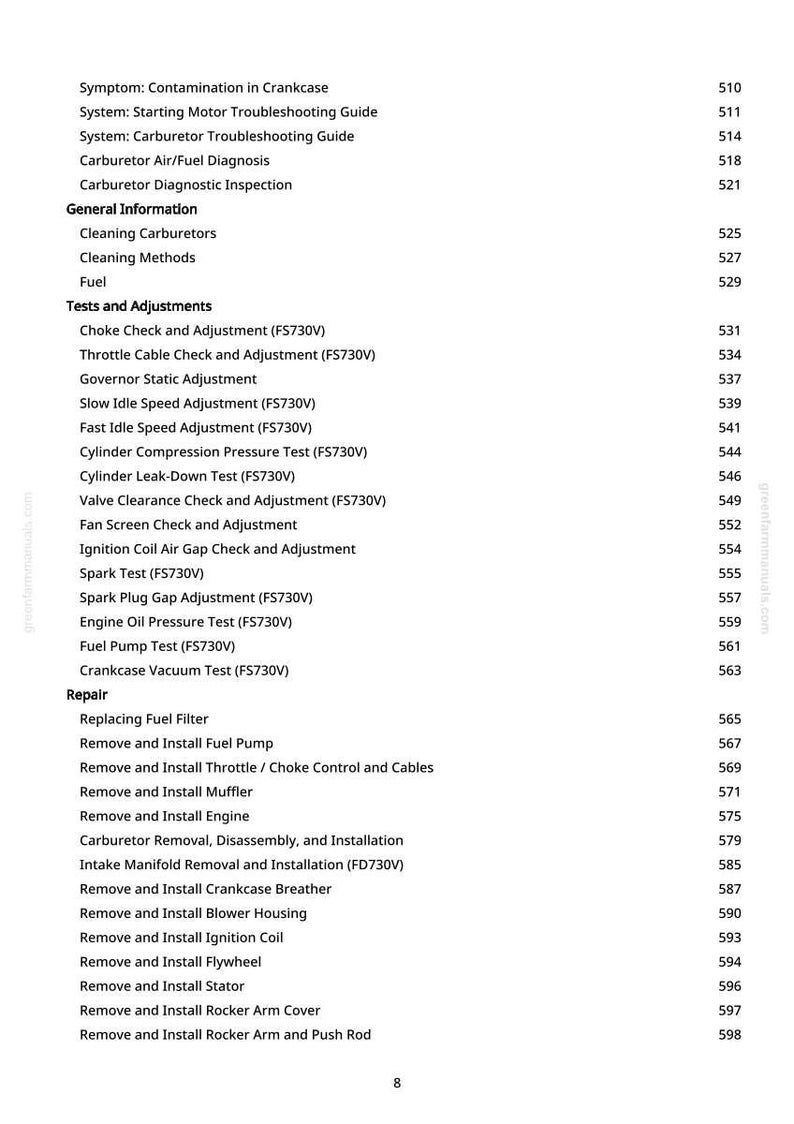 Peut inclure: Une table des mati&egrave;res d&eacute;taill&eacute;e d'un manuel, &eacute;num&eacute;rant des sujets tels que le nettoyage du carburateur, les tests de la pompe &agrave; carburant et les proc&eacute;dures de r&eacute;paration du moteur. Le texte est en noir sur fond blanc.