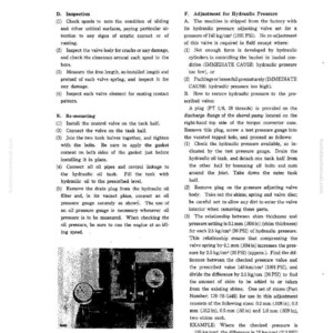 May include: A page from a manual detailing hydraulic system inspection and adjustment procedures. Includes diagrams of gauges and components, along with text describing the steps for maintenance and troubleshooting.