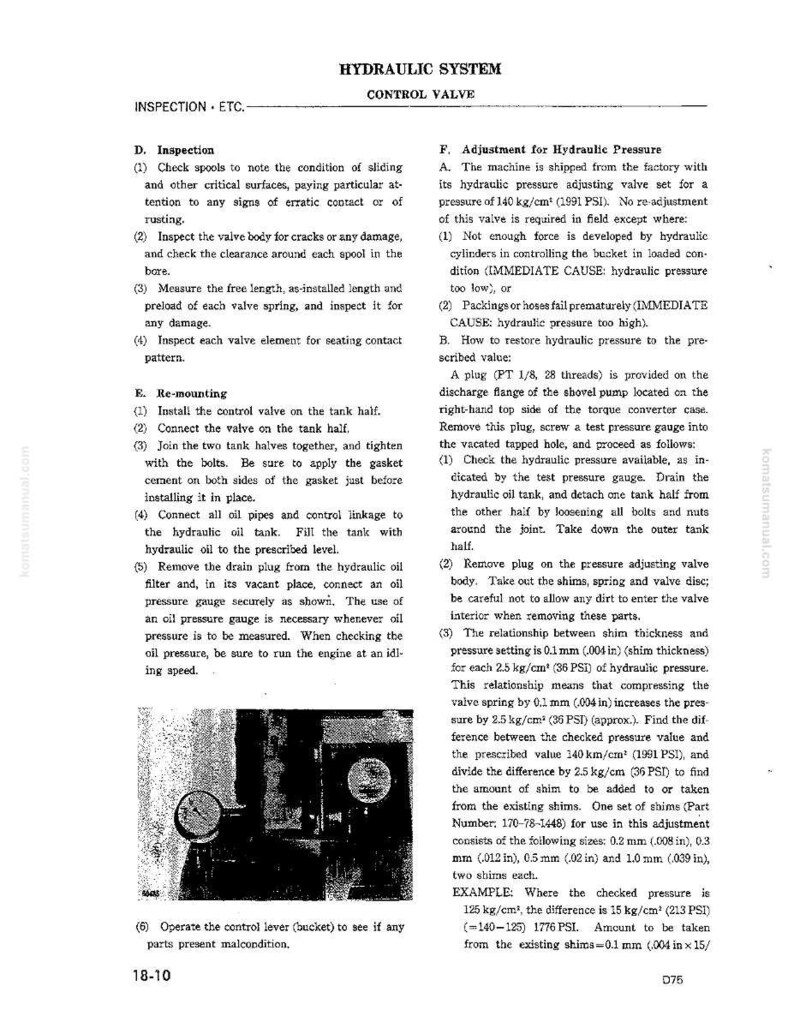 May include: A page from a manual detailing hydraulic system inspection and adjustment procedures. Includes diagrams of gauges and components, along with text describing the steps for maintenance and troubleshooting.