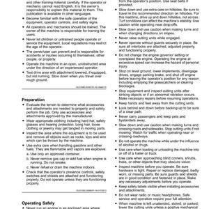 May include: A safety manual page with black text on a white background. The text includes safety instructions for operating machinery, covering topics like operator training, preparation, and safe operating procedures. The page has a title 'Safety'.
