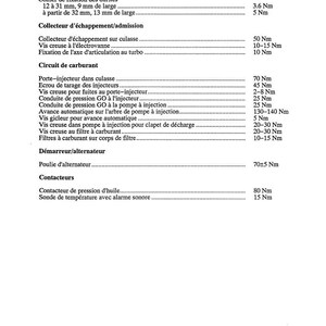 May include: A page from a manual with the title "COUPLE DE SERRAGE" at the top. The text lists specifications for various automotive components, including cooling, exhaust, and fuel systems. Measurements are in Newton meters (Nm).