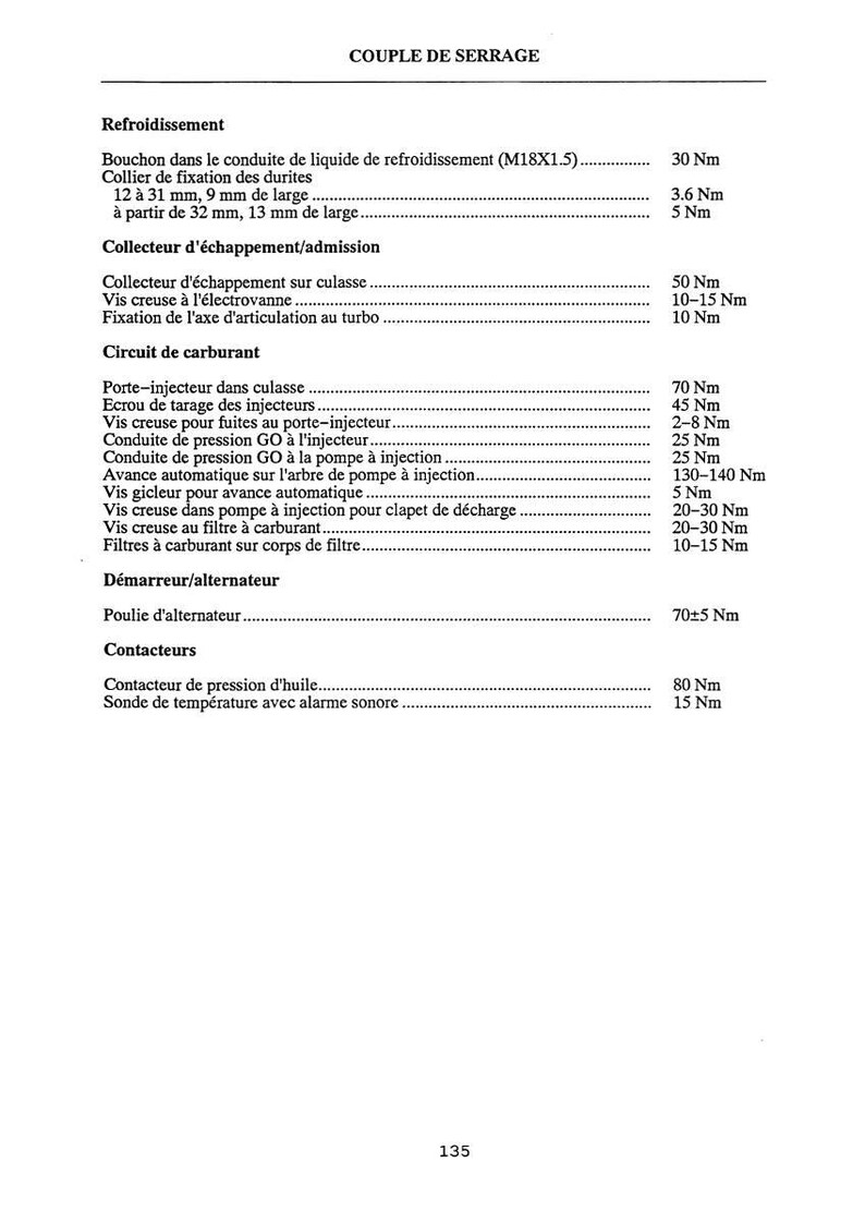 May include: A page from a manual with the title "COUPLE DE SERRAGE" at the top. The text lists specifications for various automotive components, including cooling, exhaust, and fuel systems. Measurements are in Newton meters (Nm).