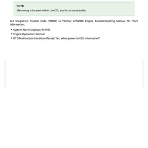 May include: A page from a troubleshooting manual with the title "Main Relay Contact Stuck (P068B)". The text explains the issue and provides diagnostic information, including system alarm displays and engine operation details.