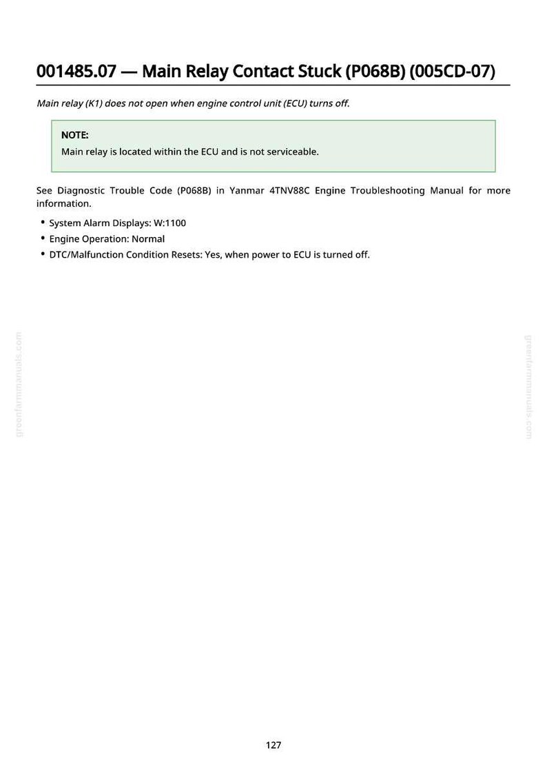 May include: A page from a troubleshooting manual with the title "Main Relay Contact Stuck (P068B)". The text explains the issue and provides diagnostic information, including system alarm displays and engine operation details.
