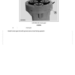 Op de afbeelding: Technisch diagram van een mechanisch onderdeel met een kroonwiel. De afbeelding toont een gedetailleerd beeld van het tandwielsysteem, met labels en instructies voor montage en onderhoud. Het onderdeel is in grijstinten weergegeven.