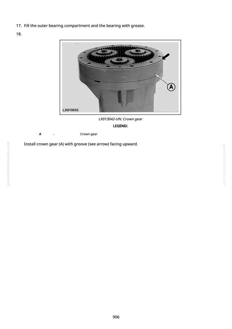 Op de afbeelding: Technisch diagram van een mechanisch onderdeel met een kroonwiel. De afbeelding toont een gedetailleerd beeld van het tandwielsysteem, met labels en instructies voor montage en onderhoud. Het onderdeel is in grijstinten weergegeven.