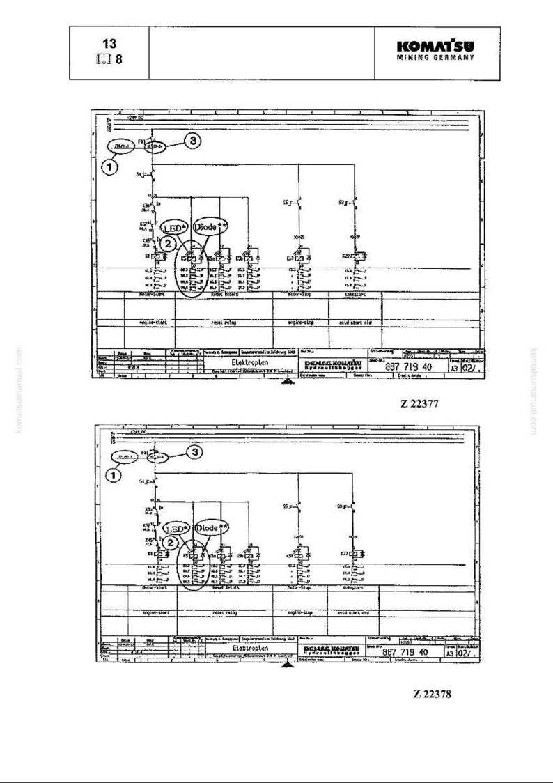 May include: Two technical diagrams showing electrical schematics, labelled "Elektroplan", with components including LEDs and diodes. The diagrams are from Komatsu Mining Germany. The numbers 13 and 8 are in the top left corner.