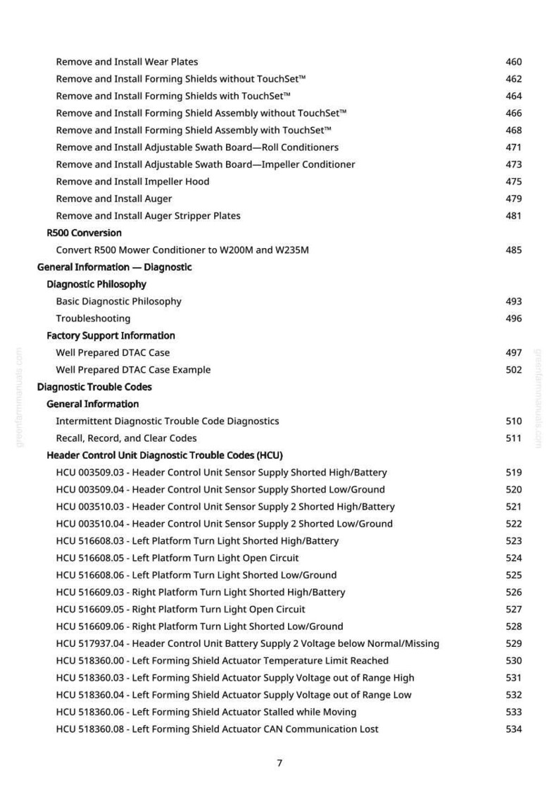 May include: A page from a manual with a list of diagnostic trouble codes and procedures for agricultural equipment. The text includes terms like "Header Control Unit" and "Actuator," with corresponding numerical references.
