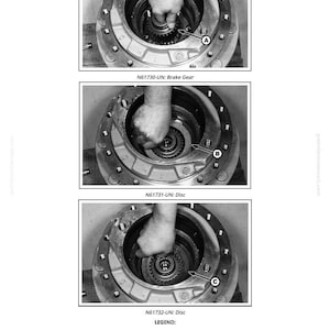 May include: Black and white technical diagram illustrating the assembly of a brake system. The diagram features close-up views of the brake gear, disc, and other components, with labels and arrows indicating the assembly process. The text includes "Brake Gear", "Disc", and "Install brake shaft (A)."